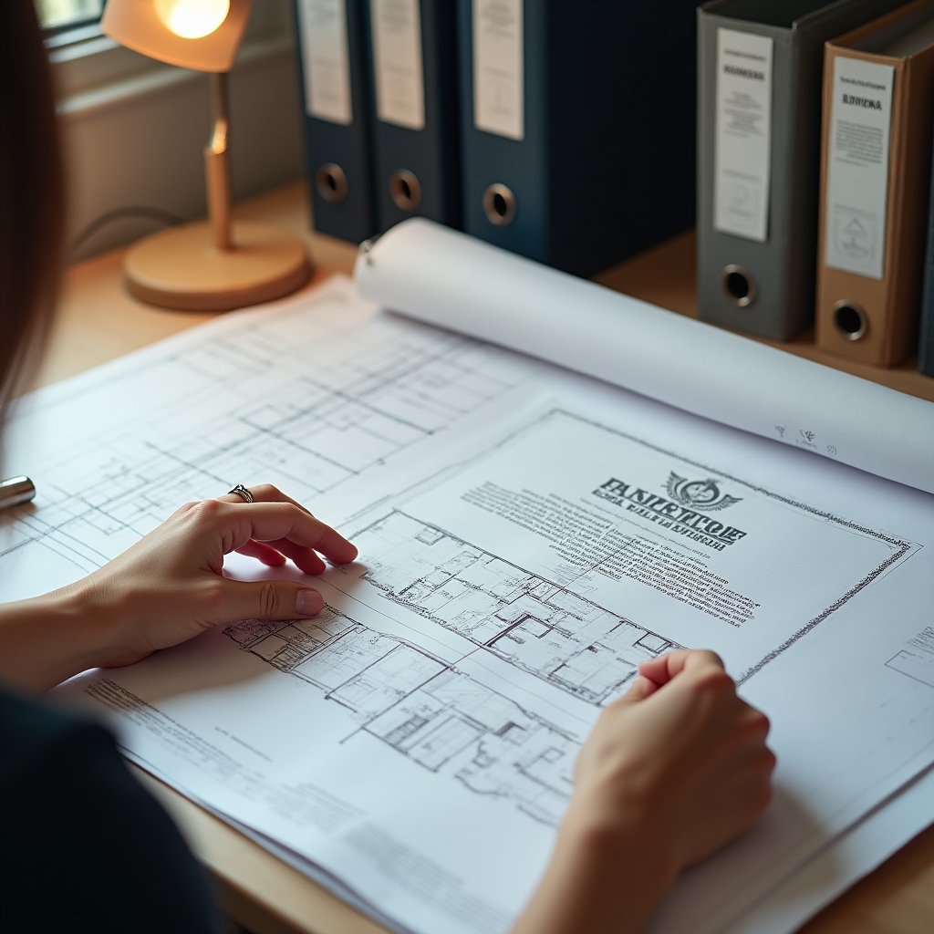 Croatian administrative building permit process documentation spread on a desk, showing technical drawings and official stamps