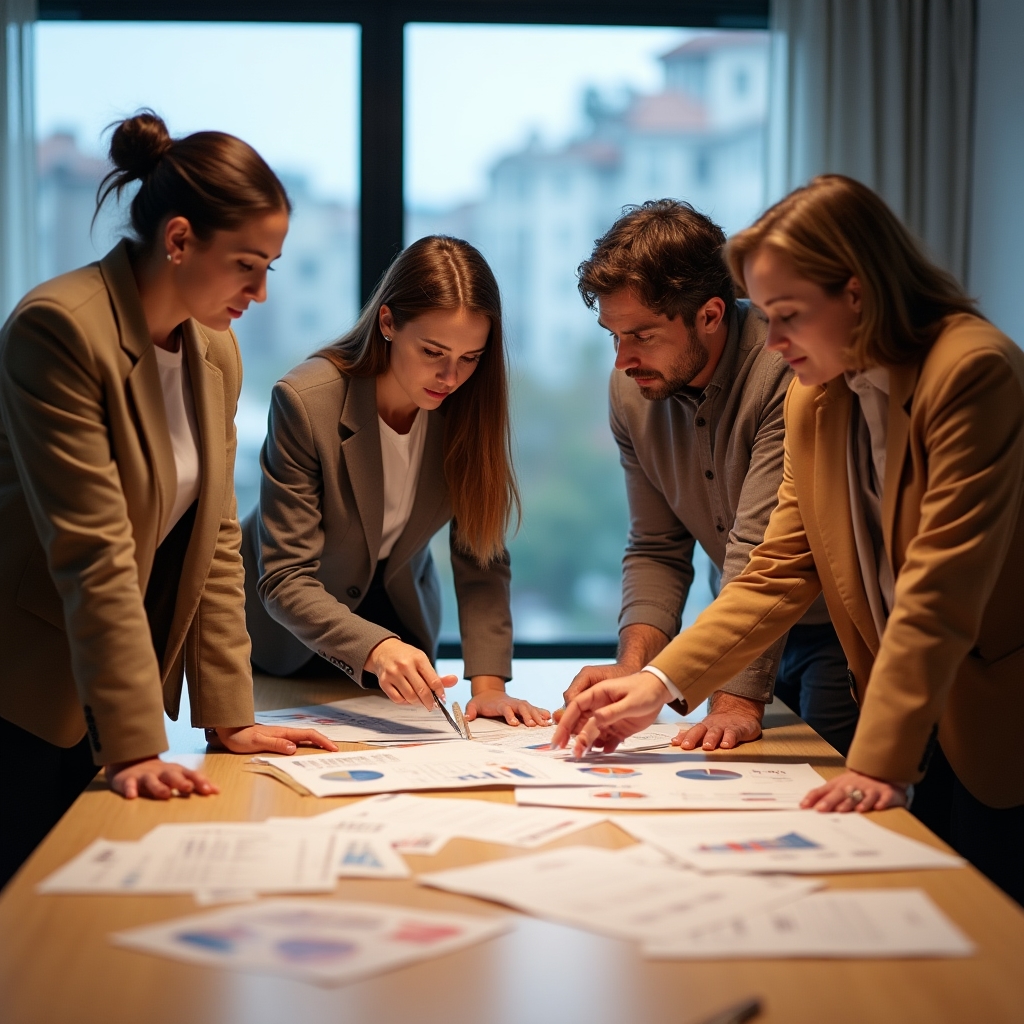 Investor group reviewing construction cost comparison data at a meeting table