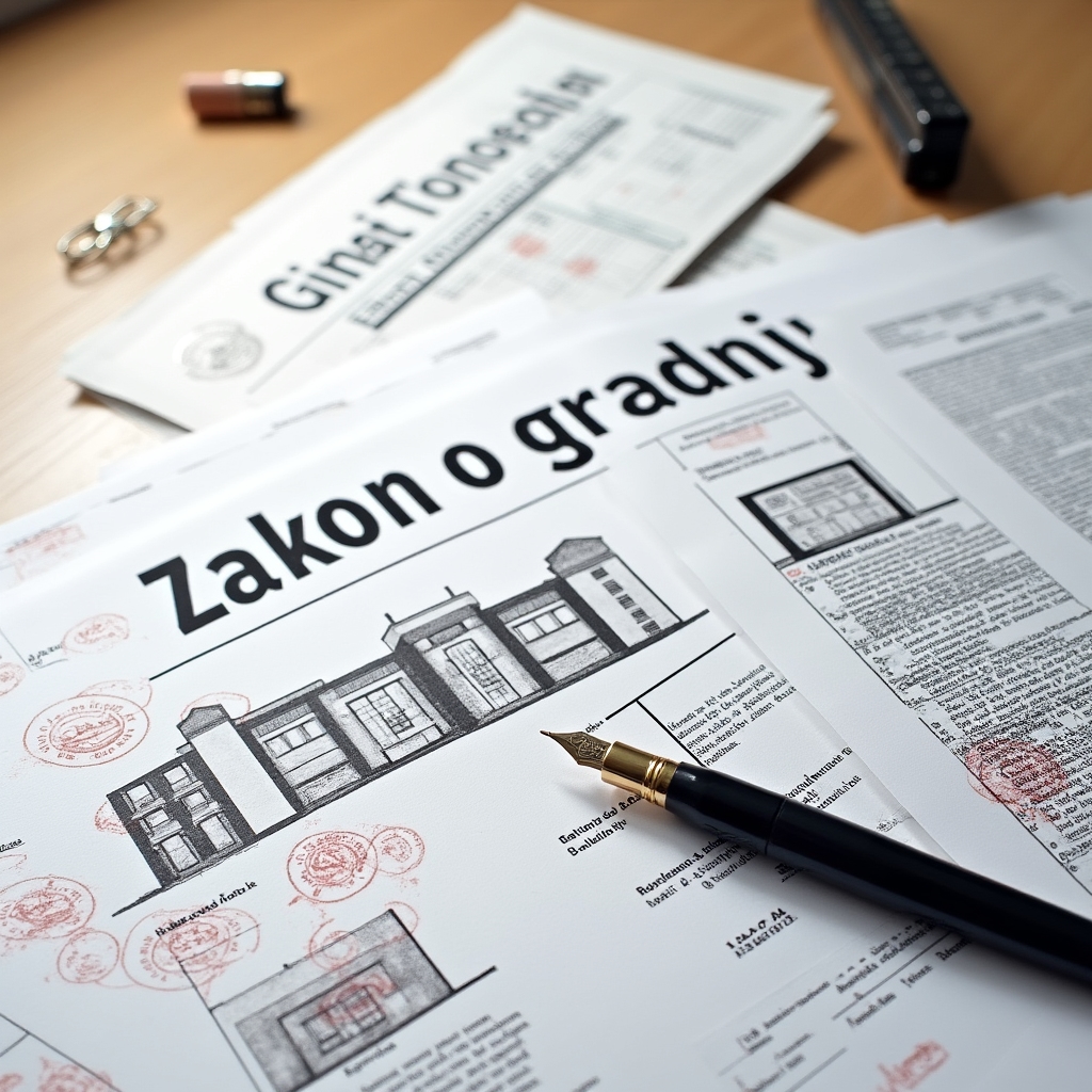 Construction regulatory documents and building permits arranged on a professional desk with a Croatian urban planning map