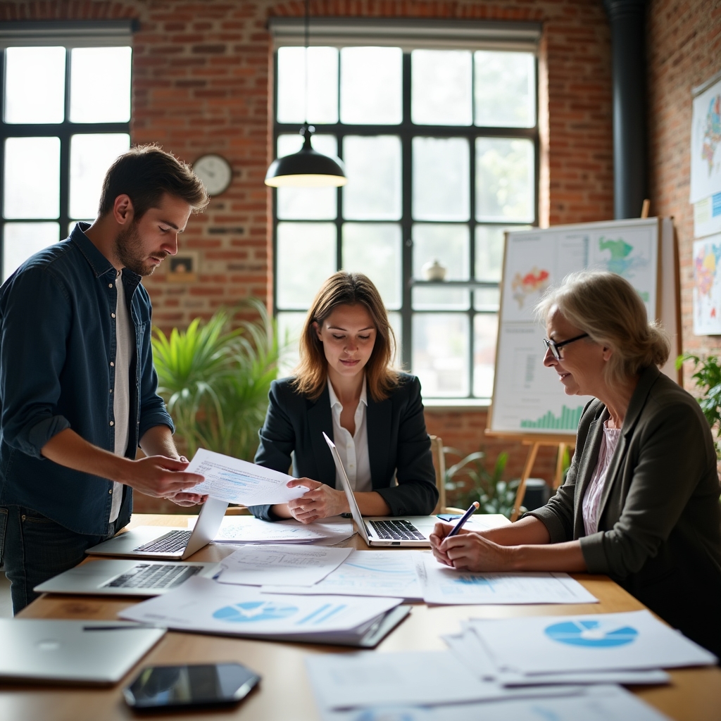 Zenlixe research team collaborating around a table with construction data documents and laptops