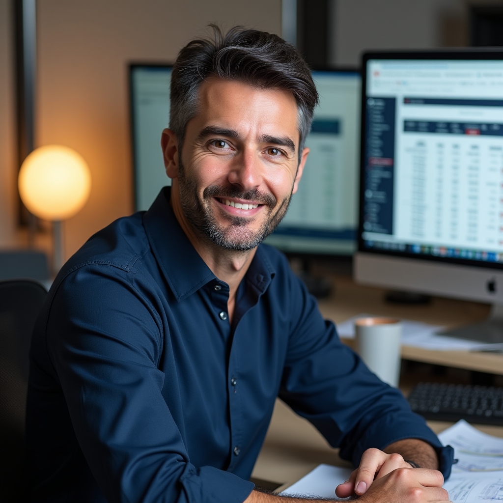 Data specialist, man in his early 40s, business casual clothing, working on data tables at a desk with multiple screens