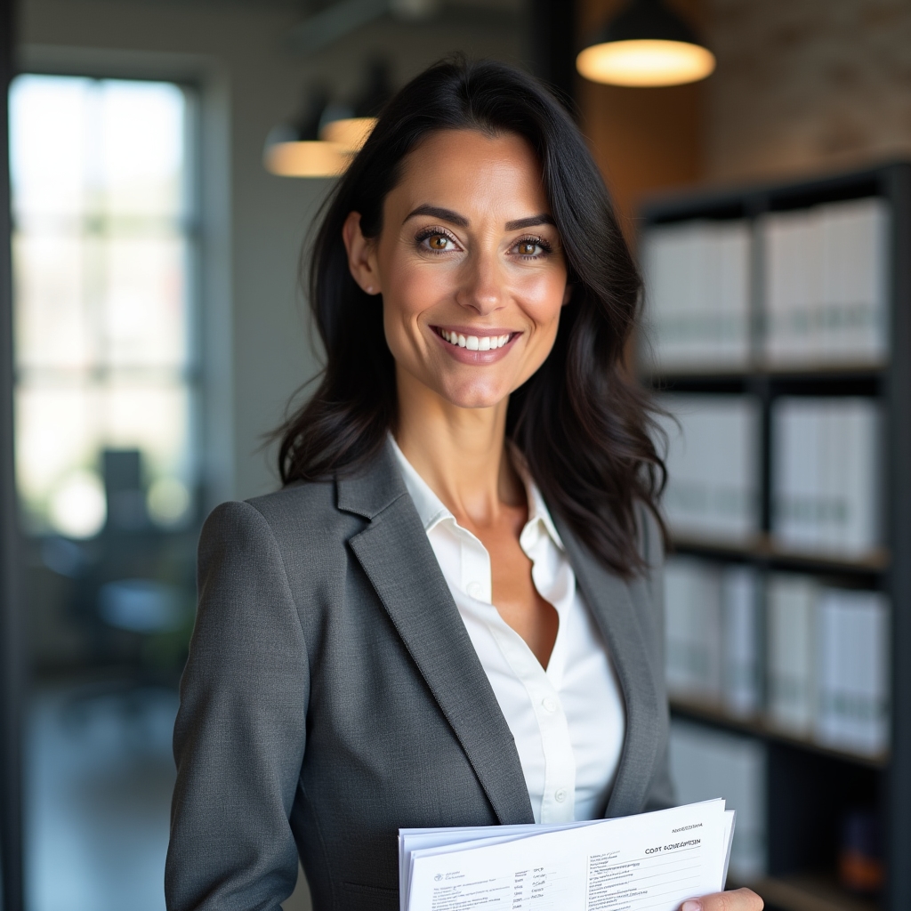 Lead research analyst, woman in her late 30s, professional attire, reviewing construction data documents