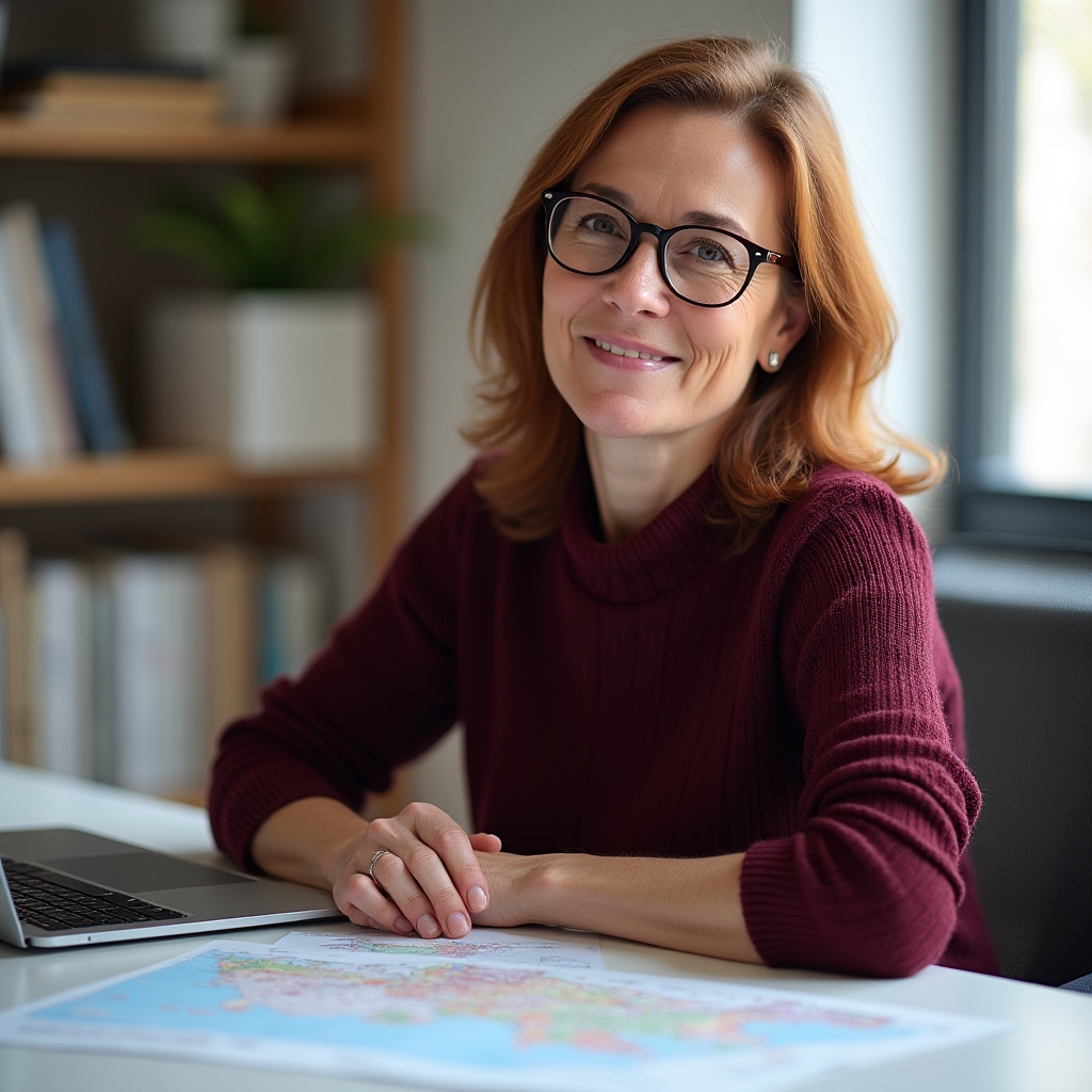Regional market researcher, woman in her late 40s, smart casual attire, reviewing regional construction market reports at a bright workspace