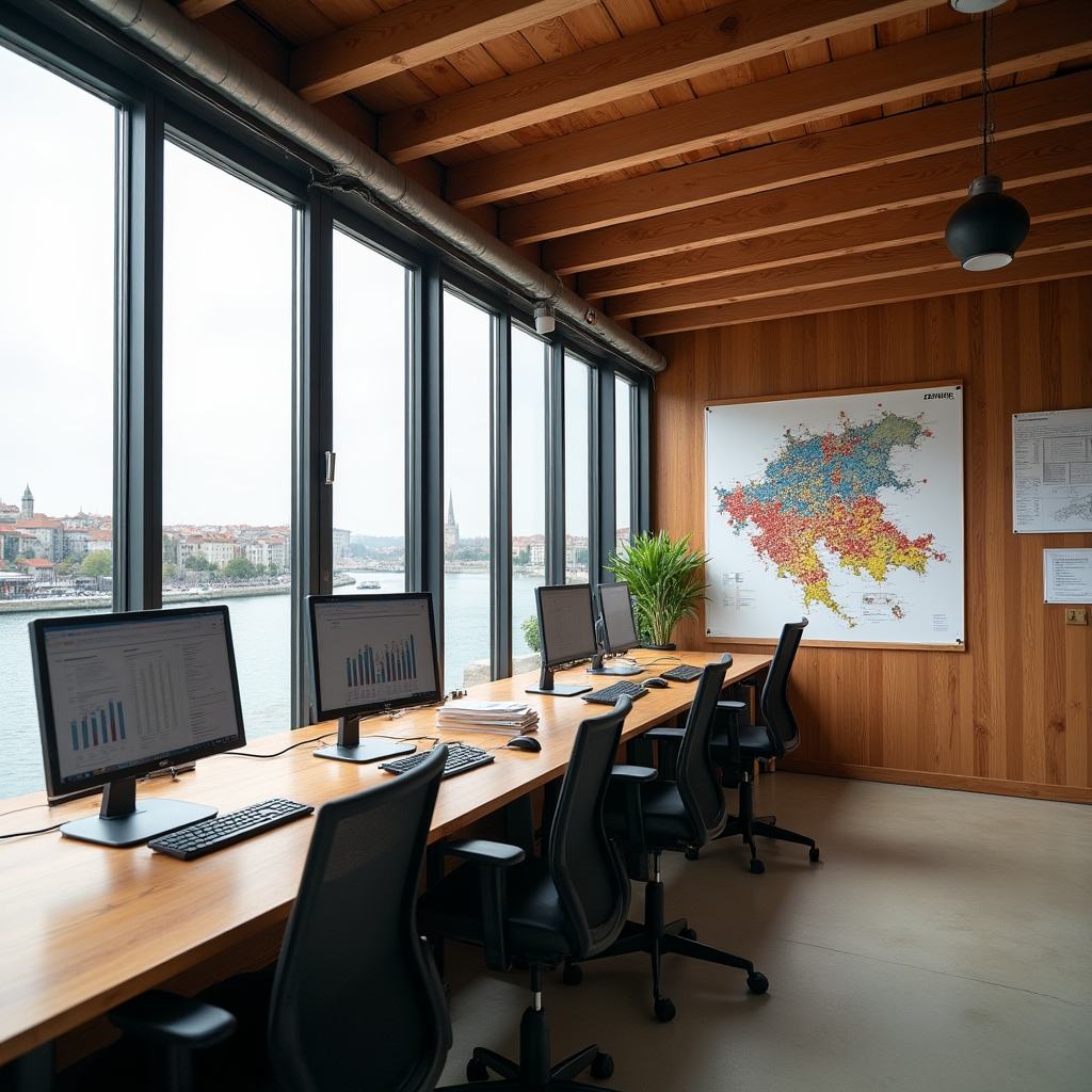 Zenlixe team office workspace with data screens, construction documents, and organized research materials